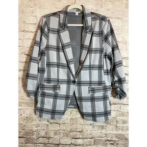 Cato‎ Blazer Jacket Large Gray & Black Plaid Check One Button Preppy Academia